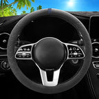 Car Leather Steering Wheel Cover - Panapi Material, Universal 14.5-15 Inch Leather Anti-Slip Breathable Auto Steering Wheel Covers for Men Women (Suede-Black with Blue Mark)