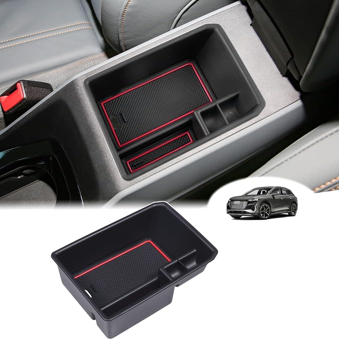 Armrest Storage Box Compatible with Audi Q4 E-Tron 2022 2023 2024 2025, Car Center Console Organizer Tray Armrest Box Insert Coin Container ABS Interior Accessories, Without Door Lock