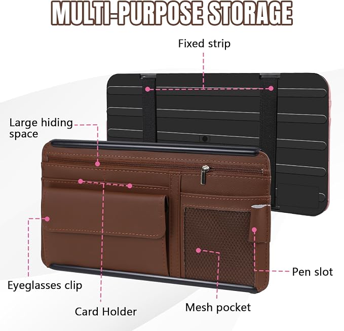 Car Visor Organizer, Leather Multi-Pocket Auto Sun Visor Storage Pouch with Sunglasses Holder, Card Holder, Zipper Pocket, Net Pocket, Pen Slot, Universal Interior Car Accessories (Brown)