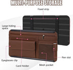Car Visor Organizer, Leather Multi-Pocket Auto Sun Visor Storage Pouch with Sunglasses Holder, Card Holder, Zipper Pocket, Net Pocket, Pen Slot, Universal Interior Car Accessories (Brown)