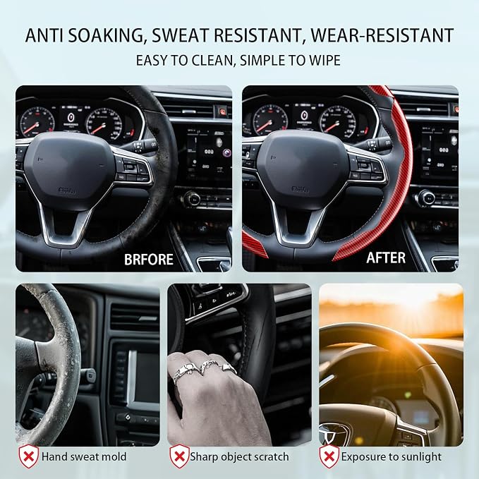 Steering Wheel Covers, 3PCs Carbon Fiber Anti-Skid Clip on Car Steering Wheel Cover Protector Universal for Most Car, White