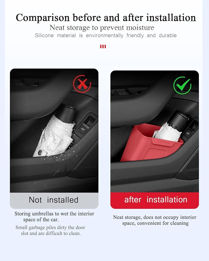Car Interior Storage Box, Black Silicone Door Side Organizer with Umbrella Holder and Trash Can, Vehicle Accessory (Black)