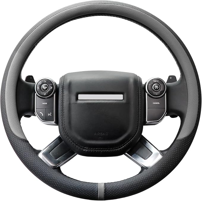 Breathable Car Steering Wheel Cover 16 inch Auto Universal Leather Wrap Non-Slip Steeringwheel Protector Automotive Interior Accessories, Grey (Suit for 15.5-16 inch)