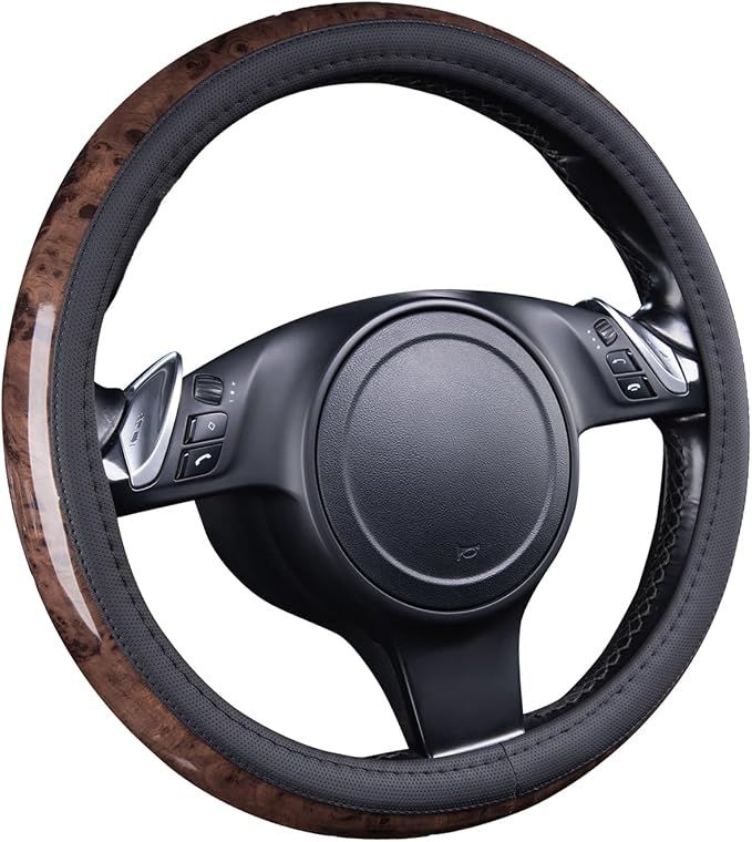Wood Grain Microfiber Leather Steering Wheel Cover, Universal Fit for 14 1/2-15 inch Black Steering Wheel, Anti-Skip Veins Design,Cars, Suvs,Vans, Sedans (Black)