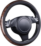 Wood Grain Microfiber Leather Steering Wheel Cover, Universal Fit for 14 1/2-15 inch Black Steering Wheel, Anti-Skip Veins Design,Cars, Suvs,Vans, Sedans (Black)
