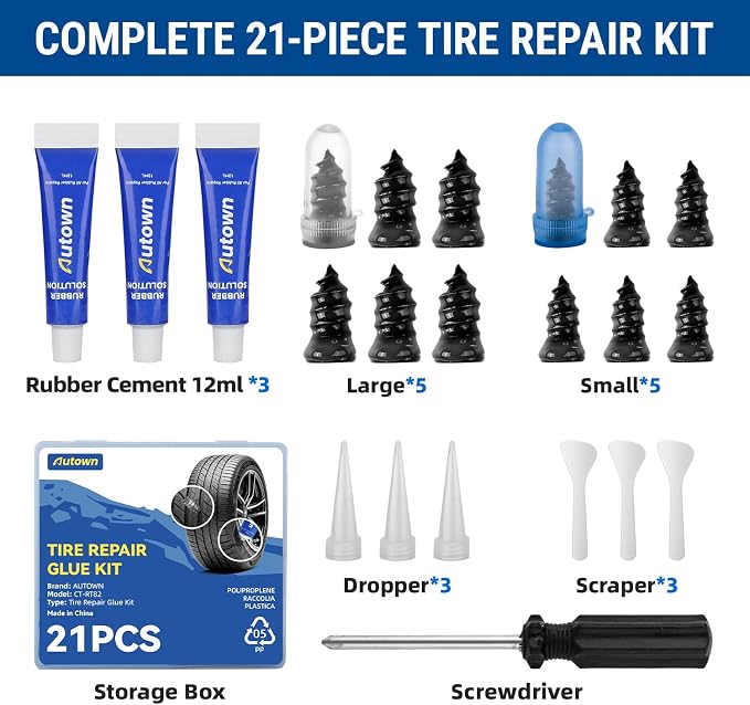 21PCS Tire Repair Rubber Nail Kit - Complete Screw Plug Kit with Glue, Fast Fix for Flat Tires on Car, Truck, Motorcycle, SUV & More