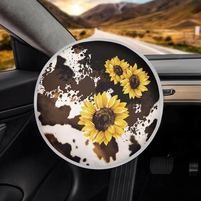 Steering Wheel Cover Sun Shade 17 inch Anti-Heat Steering Wheel Cover Sun Protection Sunflower and Brown Cow Print Car Accessories for Women Universal Fit for Most Vehicle SUV Trucks Sedan