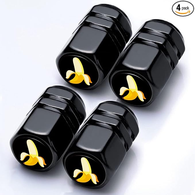 4Pack Banana Tire Valve Stem Cap Banana Car Accessories Aluminum Alloy Rust-Proof Universal Dust Covers Tire Air Cap for Car,Truck,SUV,Bike,Motorcycle Tires,Bananas Loves Gifts for Women Mom Men