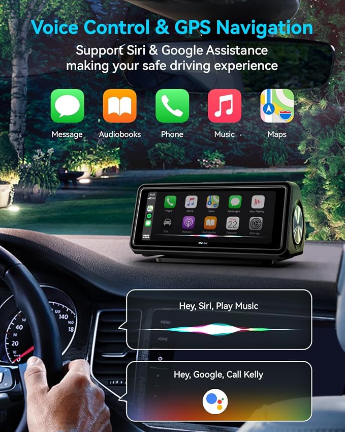 Portable Apple Carplay Screen for Car, Touch Screen with Wireless Android Auto, Car Audio Receivers with Voice Control, Mirror Link, Music Play, GPS Navigation, Built-in Customized Speakers (Black)