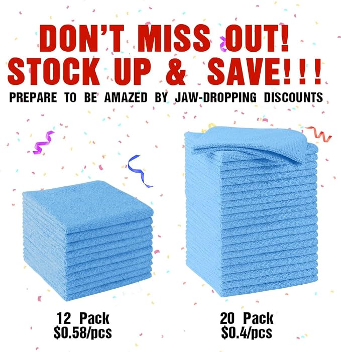 Blue Microfiber Cleaning Cloths, 20 Pack Cleaning Rags - Lint Free & Scratch-Free Microfiber Towels for Cars, House & Kitchen, Absorbent Cleaning Towels, 11.5 x 11.5 Inch