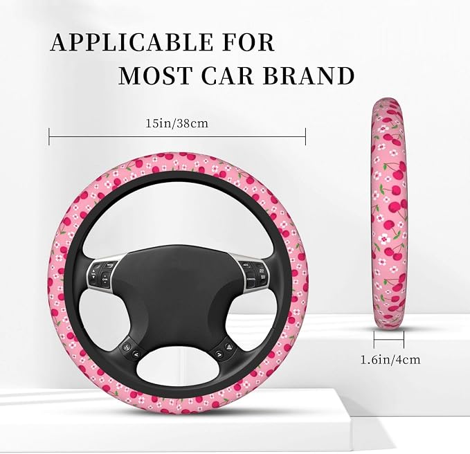 Cherry Steering Wheel Cover Anti-Slip and Practical 14.5-15 Inch Universal Car Steering Wheel Cover with 2 Pieces Car Coasters Suitable for Men Women