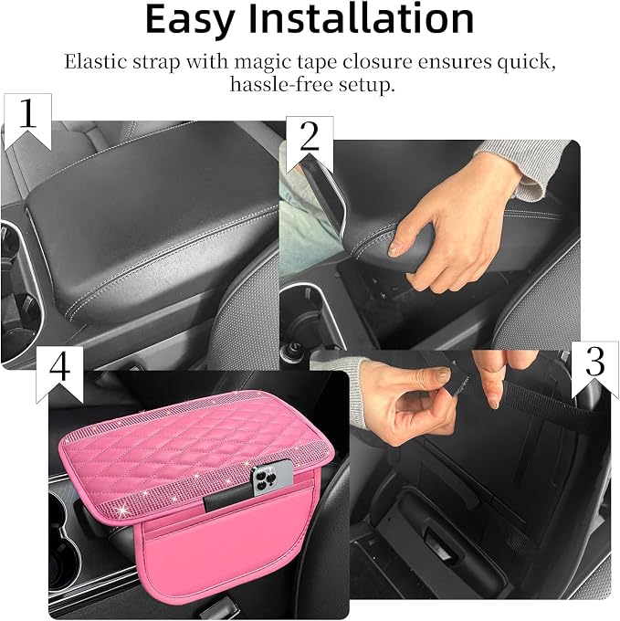 Bling Pink Car Center Console Cover, Leather Car Arm Rest Cover with 2 Storage Bags, Universal Auto Armrest Protector Storage Box, Pink Bling Accessories Interior for Most Vehicles
