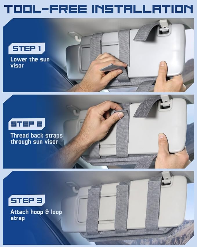 Molle Car Sun Visor Organizer, Fit Most Car Truck Patrols Van SUV | Auto Accessories Semi-Rigid MOLLE Panel, with Zipper Storage Pouch, Glasses Holder, for Gears Road Trip Daily Driving