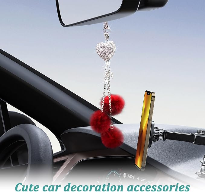Bling Diamond Heart Car Interior Accessories, Car Mirror Hanging Ornament for Women, Love Heart & Pink Plush Ball Decor Ornament Pendant (Wine Red)
