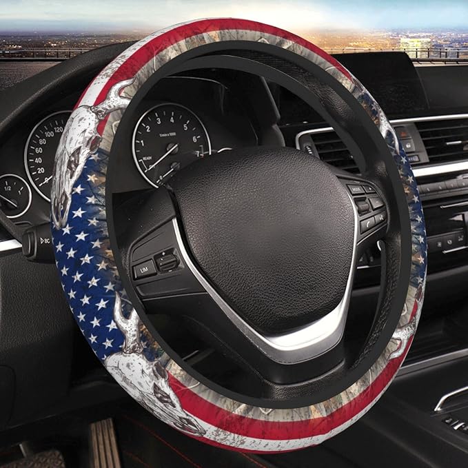Camo Us Flag Deer Elastic Steering Wheel Cover Non-Slip Breathable Steering Wheel Protector Fit Auto, SUVs, Truck