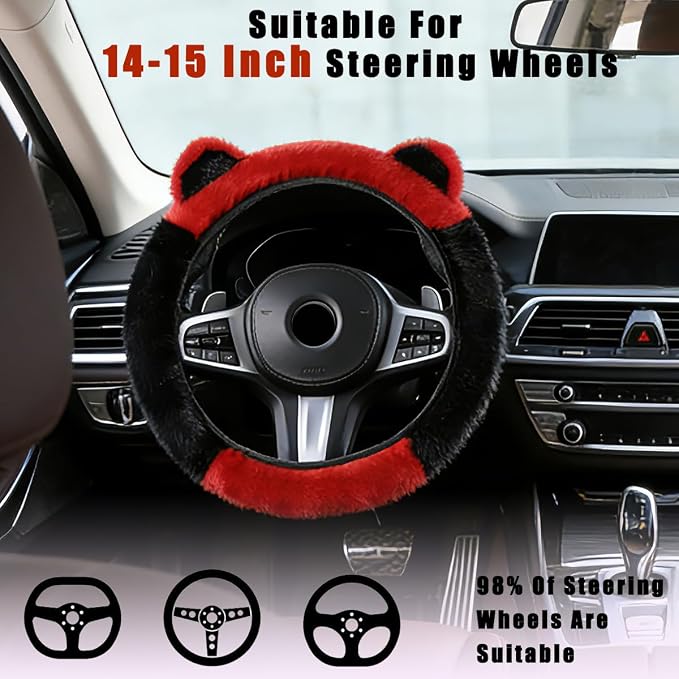 Fluffy Car Steering Wheel Cover with Keychain Fit 14-15 inch Black and Red | Cute Ears Steering Wheel Covers for Women Girls Universal Elastic Stretch Steering Wheel Protector Accessories