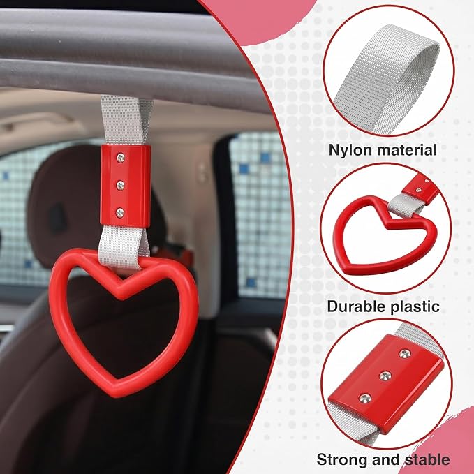 2PCS Heart Shaped Car Handle Straps, Rear Bumper Warning Keychain Ring for Car Exterior Accessories (Red-Silver)