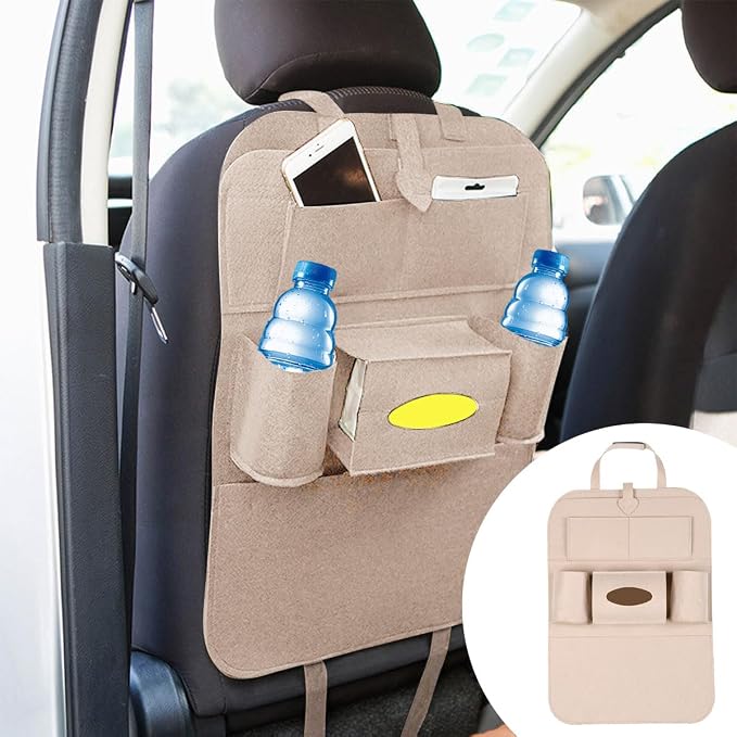 LAINLOY Felt Car Seat Back Organizer, Kick Mats Car Back Seat Protector for Kids, 6-Pocket Storage for Tissue, Box, Pen, Toy, Automobile Road Trip Accessories for SUV, RV, Truck (Beige)