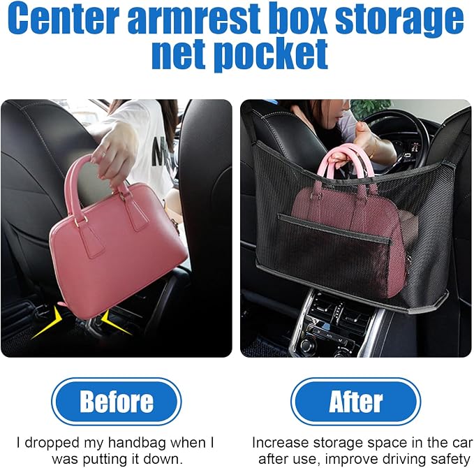 Car Net Pocket Handbag Holder, Organizer Mesh Bag Between Two Seat, Driver Storage Netting Pouch for Handbag Purse, Barrier of Backseat Pet Kids, Car Accessories for Women Men (Black)