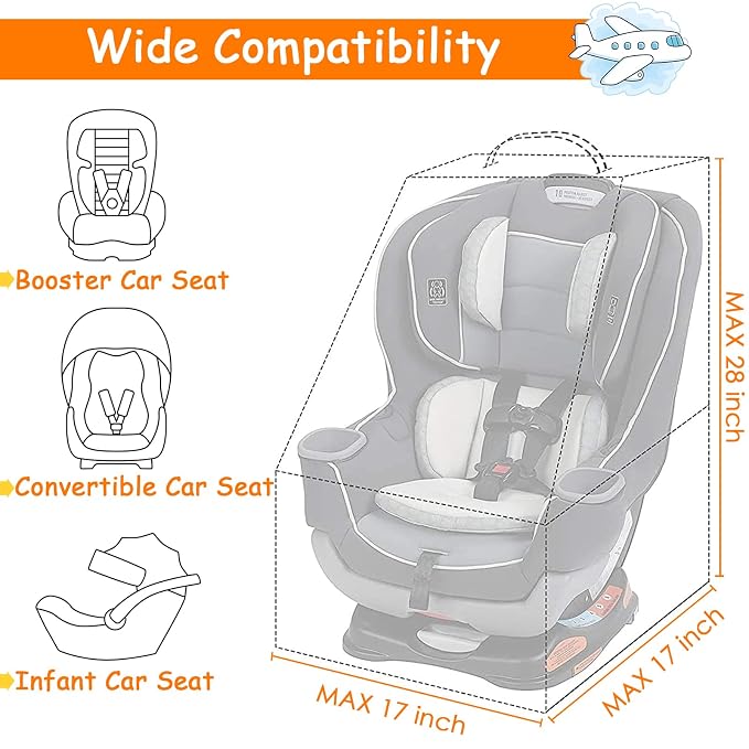 Car Seat Travel Bag, Padded Car Seats Backpack for Air Travel, Heavy Duty Gate Check Carseat Travel Bag for Airplane, Airport Gate Check Bag (Orange)