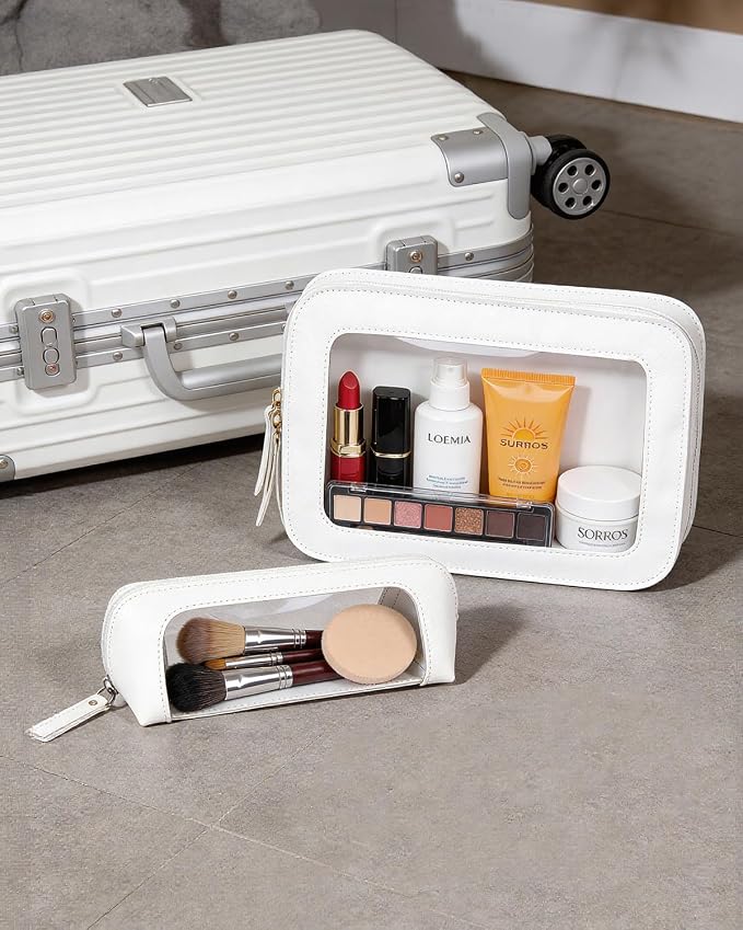 2Pack Clear Makeup Bags Set, Small Clear Makeup Bag, PU Leather Travel Makeup Brush Case Portable Transparent Waterproof Cosmetic Organizer Pouch with Zipper for Women(2Pack-White Set)