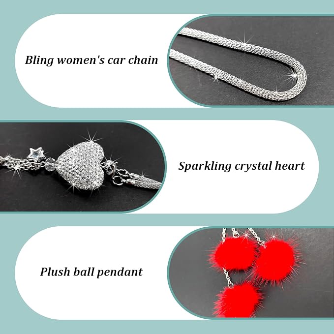 Bling Diamond Heart Interior Accessories, Mirror Hanging Ornament for Women, Love Heart & Pink Plush Ball Decor Pendant, Car Decoration Charm (Red)