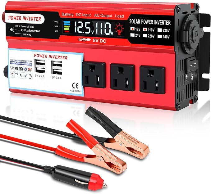 1000W Peak Power Inverter 12V DC Volt to 110V AC Car Inverter with LCD Screen Display, 3 AC Outlets, 4X 2.4A USB Port, Car Power Converter for Truck, Home, Vehicles, Laptop, Trip