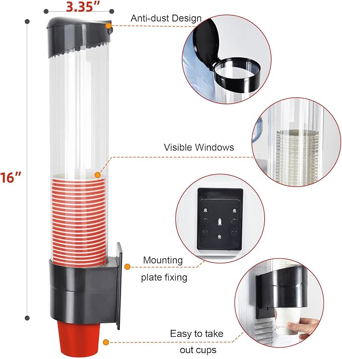 Cup Dispenser, Wall Mount Water Cooler Cup Holder Fits 5oz - 7oz Disposable Paper Plastic Cups for Home Office Hospital Cups Organizer, Adhesive Paste or Screw Install (Black, Medium)