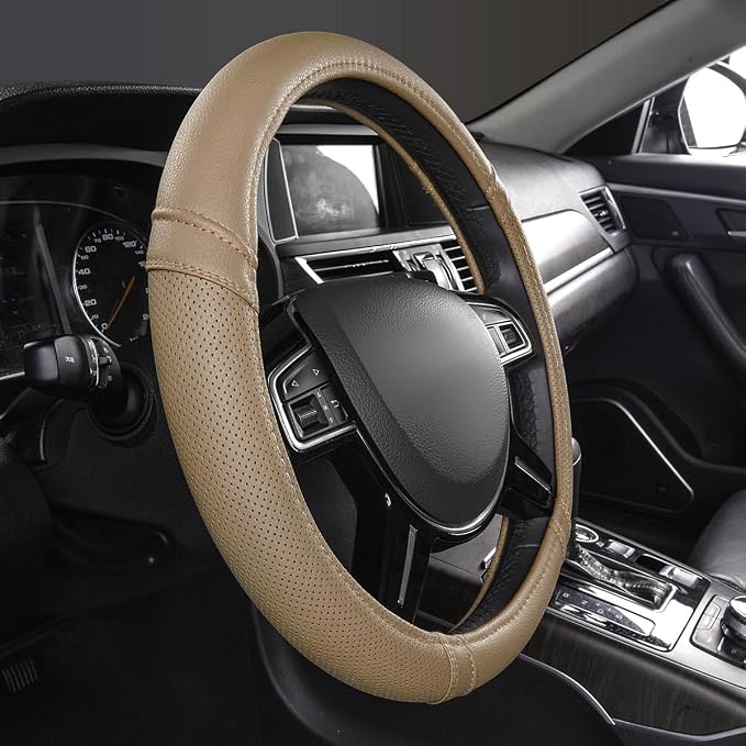 Classical Leather Automotive Universal Steering Wheel Covers,Universal Fit for Suvs,Trucks,Sedans,Cars,Vans,14.5-15inch Anti-Slip Safety Comfortable Desgin(Beige)