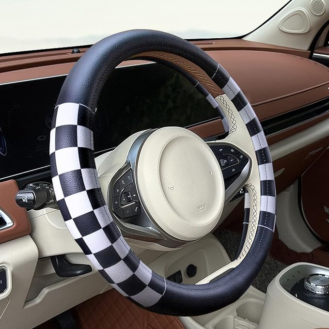 Lattice Car Steering Wheel Cover Microfiber Leather Non-Slip Comfort Universal 15 inch Checkered Plaid Wheel Protector for Truck, SUV, Cars (Black White)