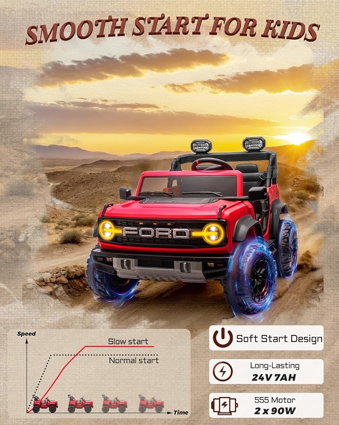 Ford Bronco 24V Ride on Toys for Boys & Girls, 2 Seater Kids Electric Car with Remote Control, Kids Ride on Truck with Rear Wheels Suspension, Led Lights, Safety Belt (24V, Red)