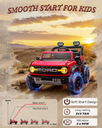 Ford Bronco 24V Ride on Toys for Boys & Girls, 2 Seater Kids Electric Car with Remote Control, Kids Ride on Truck with Rear Wheels Suspension, Led Lights, Safety Belt (24V, Red)