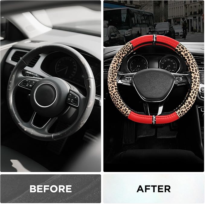 Leopard Steering Wheel Cover for Women, Cute Anti-Slip Microfiber Leather, Fits D Shape Flat Bottom Steering Wheel 14.5-15 Inch - Red
