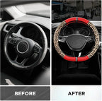 Leopard Steering Wheel Cover for Women, Cute Anti-Slip Microfiber Leather, Fits D Shape Flat Bottom Steering Wheel 14.5-15 Inch - Red