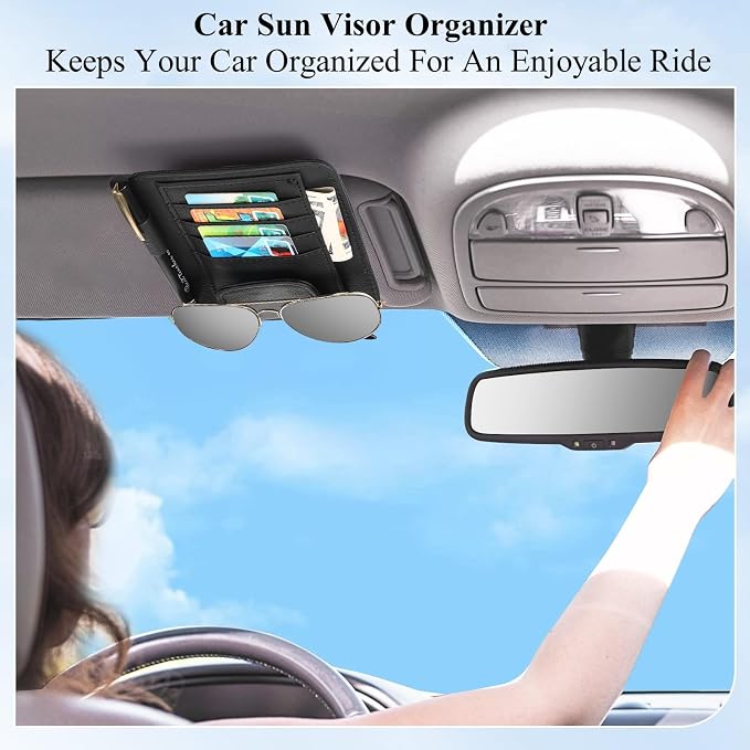 2 Packs Car Sun Visor Organizer, Sunglasses Holders for Car Sun Visor PU Auto Interior Accessories Storage Travel Document Holder with Multi Pocket (6.1 x 4.93 Inches, Black)