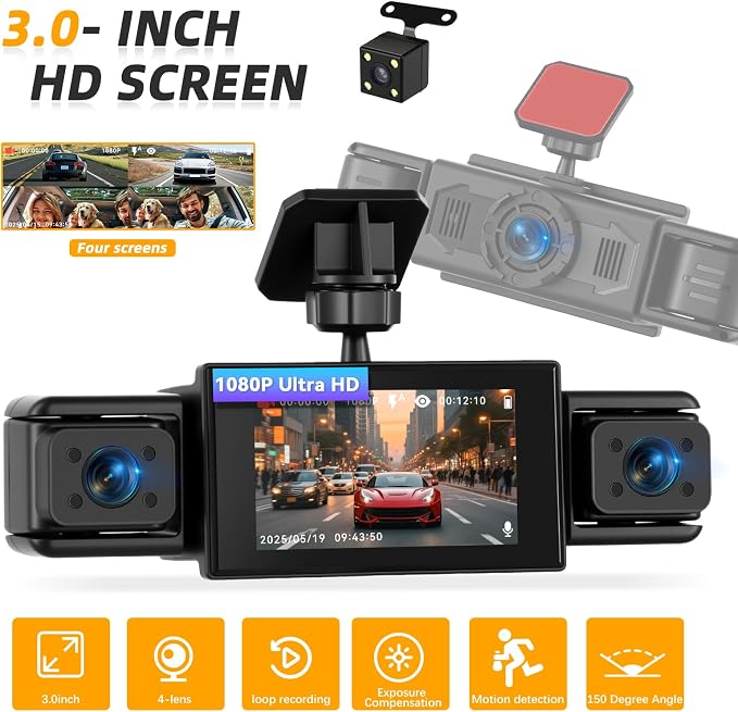 Dash Cam 3 Inch 1080P 4 Channel Dash Camera for Cars with Driving Loop Recording, Exposure Compensation, Motion Detection, Reverse Help, 360 Degree Protection