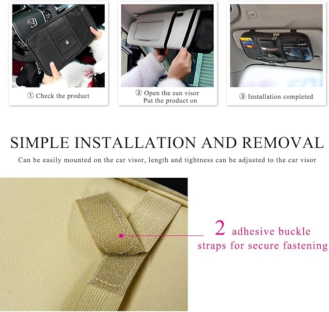 Car Sun Visor Organizer, Double Zipper Leather Visor Storage Pouch with Multi-Pocket, Sunglass Holder Storage Pocket with Elastic Band for Cars SUVs Trucks, Car Accessories (Beige)