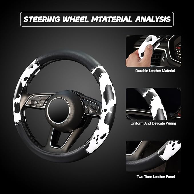 Cow Print Steering Wheel Cover, Universal 14.5-15 inch Breathable Microfiber Leather Anti-Slip Car Steering Wheel Protector for Women Men, Black&White