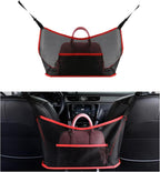 Car Net Pocket Handbag Holder, Organizer Mesh Bag Between Two Seat, Driver Storage Netting Pouch for Handbag Purse, Barrier of Backseat Pet Kids, Car Accessories for Women Men (Black&Red)