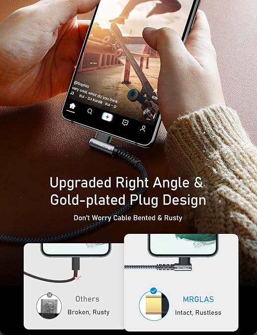 Car Carplay Cable (3.3FT+3.3FT) for iPhone 17 16 15 Pro Max, Fast Charging Braided Right Angle Gold-Plated USB A to USB C Car Charger Cord for Samsung Galaxy S26 S25 S24 Ultra, Google Pixel