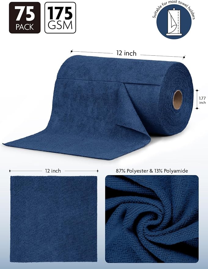 Microfiber Cleaning Cloth Roll-75 Sheets, 12"x12" (Navy Blue) | Super Absorbent, Lint-free, Tear-away Microfiber Towel Roll, for All-Purpose Cleaning, Reusable Alternative to Paper Towels