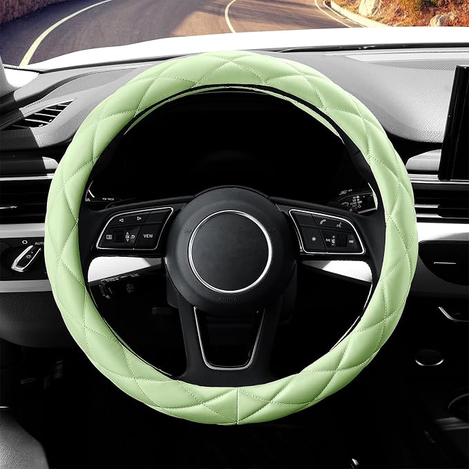 YHONGJT Cute Soft Microfiber Leather Anti-Slip Steering Wheel Cover, Universal 15 Inch for Women Girls, Fit Vehicles, Sedans, SUVs, Vans, Trucks - Neon Green