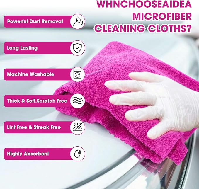 30 Pcs 16 x 16 Inch Edgeless Microfiber Plush Towels for Cars Detailing Drying Wash Polishing Absorbent Cleaning Cloths, 500 GSM (Fuchsia)