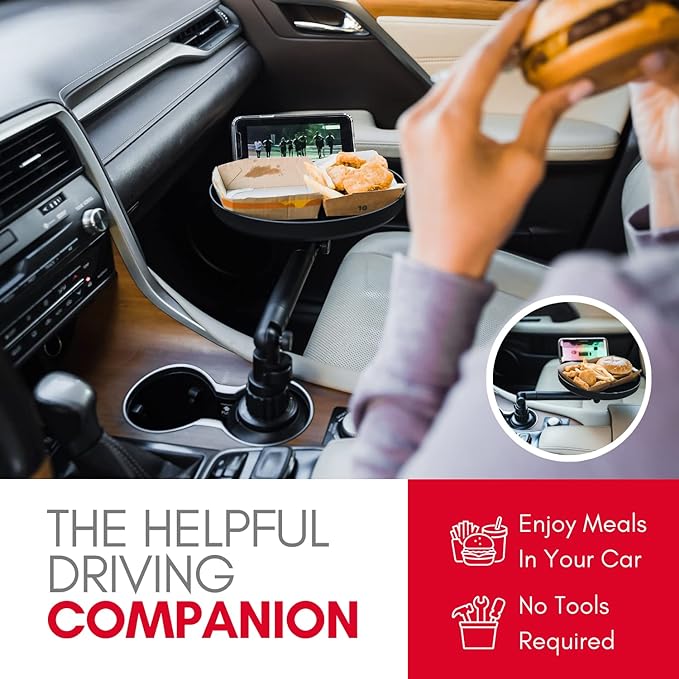Cup Holder Tray for Car - Adjustable Car Tray Table - Perfect Car Food Tray for Eating with Phone Slot and Swivel Arm - Car Organizer