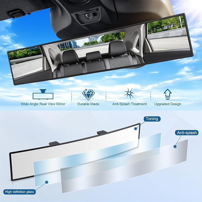 Interior Rearview Mirrors, 16 Inch Universal Panoramic Car Rear View Mirror Accessories, Wide Angle Reduce Blind Spot Effectively for Car, Jeep, Truck, Motorcycle, Tractor, ARB, ATV, SUV, RV