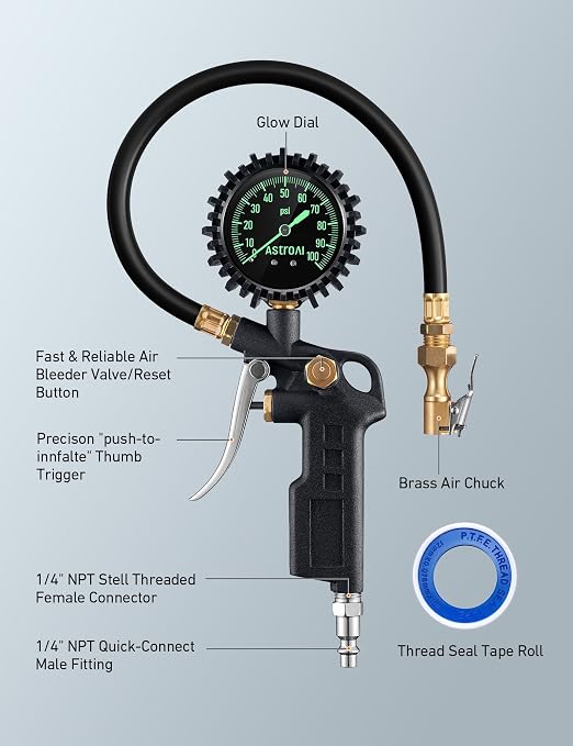 Tire Pressure Gauge with Inflator, 100 PSI-ANSI B40.1 Accurate, Large 2.5" Easy Read Glow Dial, Heavy Duty Air Chuck and Compressor Accessories with Rubber Hose and Quick Connect Coupler