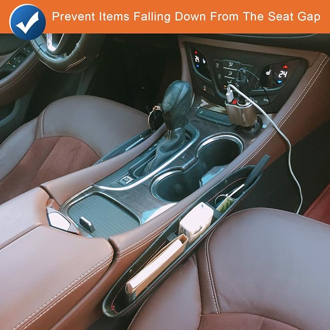 2 Set Car Seat Gap Organizer, Car Seat Gap Filler, PU Full Leather Car Seat Crevice Storage Box Universal Fit in Between Car Seat Catcher for Phone Keys Cards Pens Coins(Black)