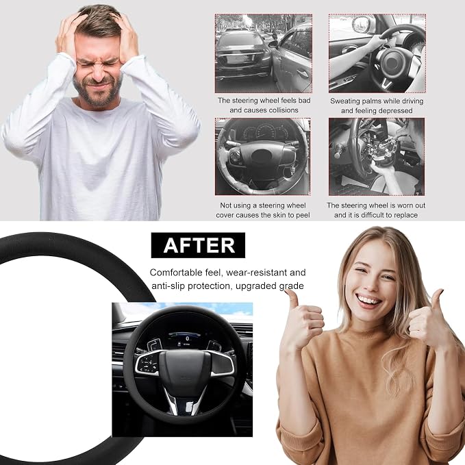 Car Steering Wheel Cover, 13 to 14.17 inches Anti-Slip Silicone Steering Wheel Protector, Soft Flexible Shock-Absorbent Steering Wheel Protective Cover for Most Car Models (Black)