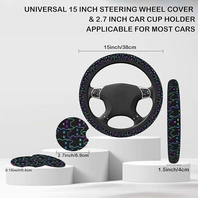Neon Light Cat Steering Wheel Cover with 2 Pcs Car Coasters Neoprene Steering Wheel Cover for Women Men Anti-Slip Breathable Car Accessories Universal 15 Inch Fit Auto Cars Trucks