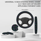 Neon Light Cat Steering Wheel Cover with 2 Pcs Car Coasters Neoprene Steering Wheel Cover for Women Men Anti-Slip Breathable Car Accessories Universal 15 Inch Fit Auto Cars Trucks